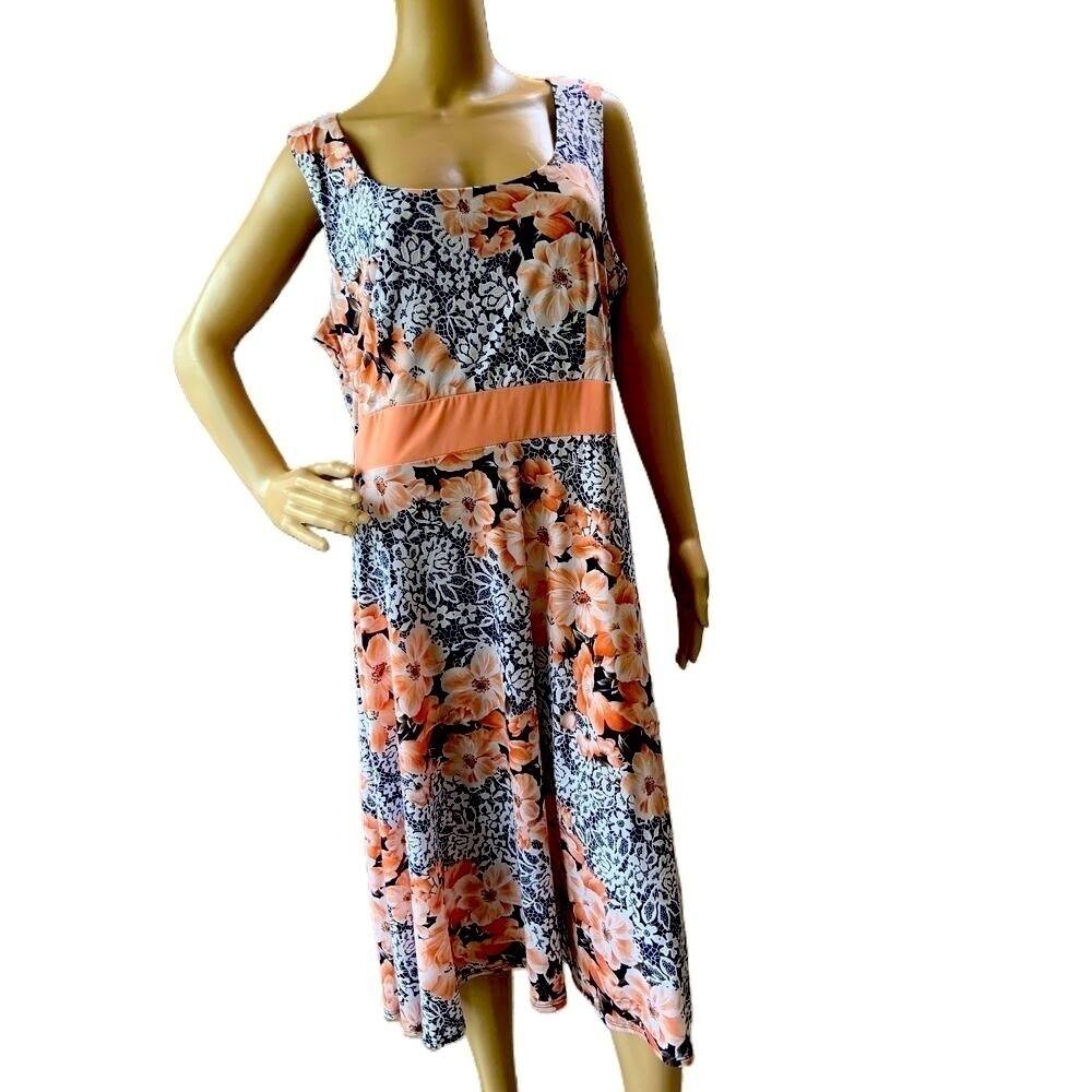 Perceptions New York Peach‎ Floral Print Sleeveless Midi Dress Size XL